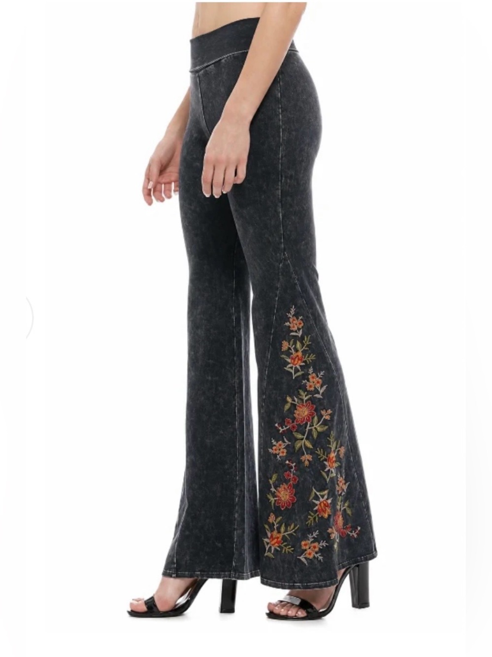 T Party Light Wash Black Flared Leggings Embroidered Floral Detail Cotton XL